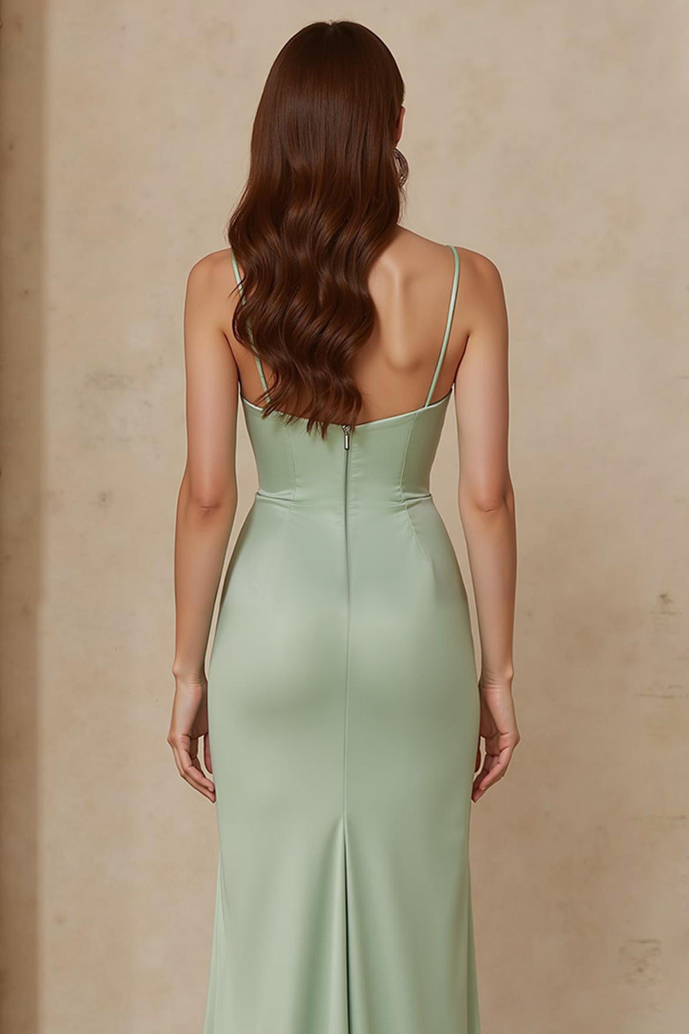 Dusty Sage Spaghetti Straps Satin Mermaid Long Bridesmaid Dress with Slit