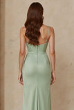 Dusty Sage Spaghetti Straps Satin Mermaid Long Bridesmaid Dress with Slit