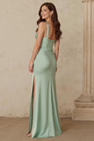 Dusty Sage Thick Straps Satin Mermaid Long Bridesmaid Dress with Slit
