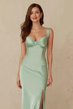 Dusty Sage Thick Straps Satin Mermaid Long Bridesmaid Dress with Slit