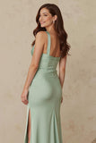 Dusty Sage Thick Straps Satin Mermaid Long Bridesmaid Dress with Slit