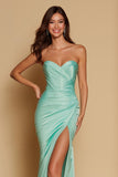 Mint Green Sweetheart Satin Mermaid Long Bridesmaid Dress with Slit