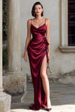 Burgundy Spaghetti Straps Satin Mermaid Long Bridesmaid Dress with Slit