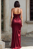 Burgundy Spaghetti Straps Satin Mermaid Long Bridesmaid Dress with Slit