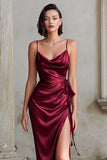 Burgundy Spaghetti Straps Satin Mermaid Long Bridesmaid Dress with Slit