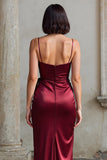 Burgundy Spaghetti Straps Satin Mermaid Long Bridesmaid Dress with Slit
