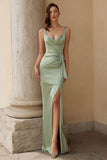 Dusty Sage Thick Straps Satin Mermaid Long Bridesmaid Dress with Bow