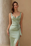 Dusty Sage Thick Straps Satin Mermaid Long Bridesmaid Dress with Bow