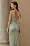 Dusty Sage Thick Straps Satin Mermaid Long Bridesmaid Dress with Bow