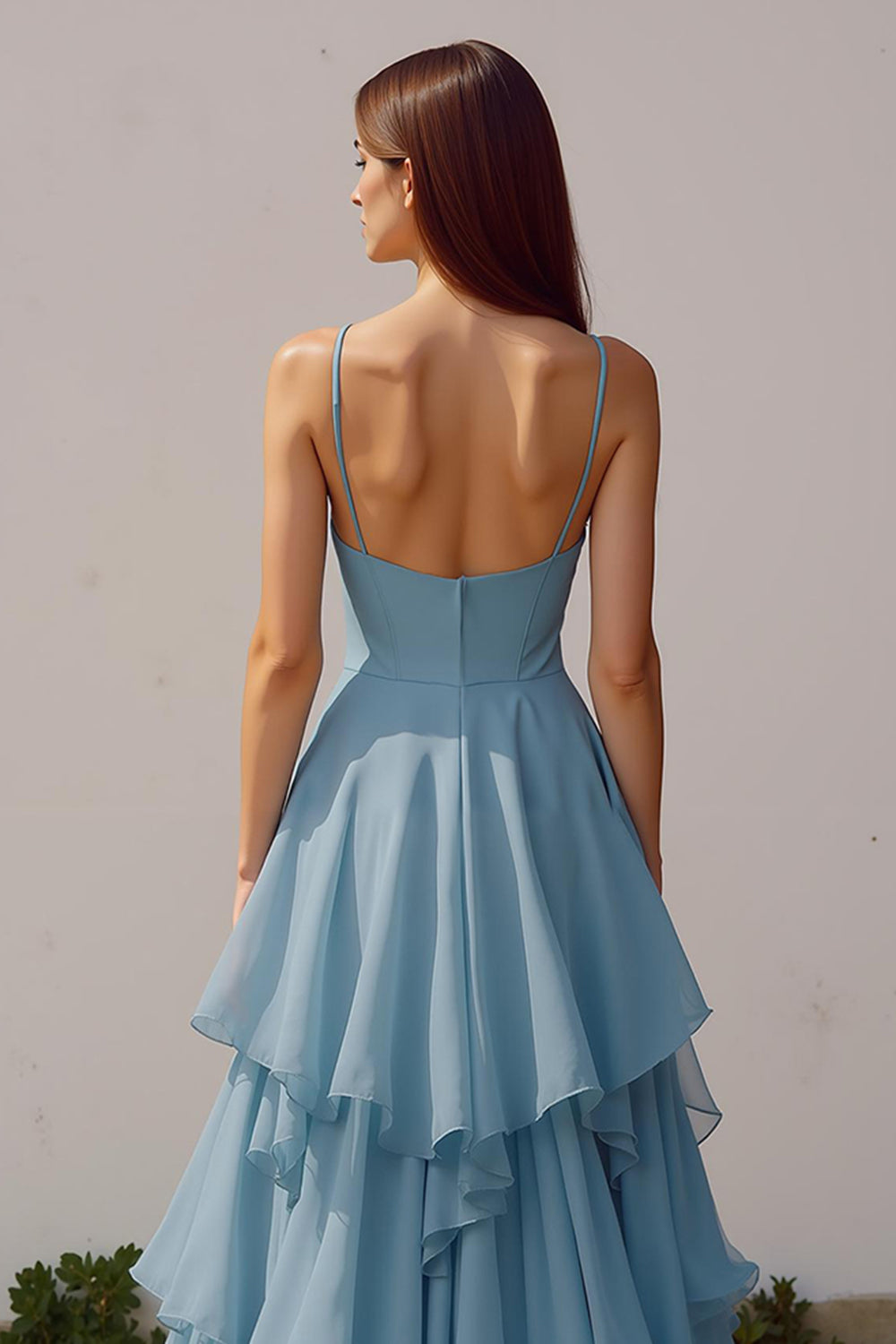 Dusty Blue Spaghetti Straps Chiffon Ruffled A-Line Long Bridesmaid Dress