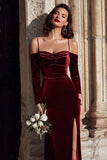 Burgundy Cold Shoulder Velvet Sheath Long Bridesmaid Dress with Sleeves