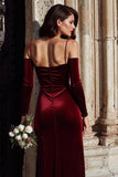 Burgundy Cold Shoulder Velvet Sheath Long Bridesmaid Dress with Sleeves