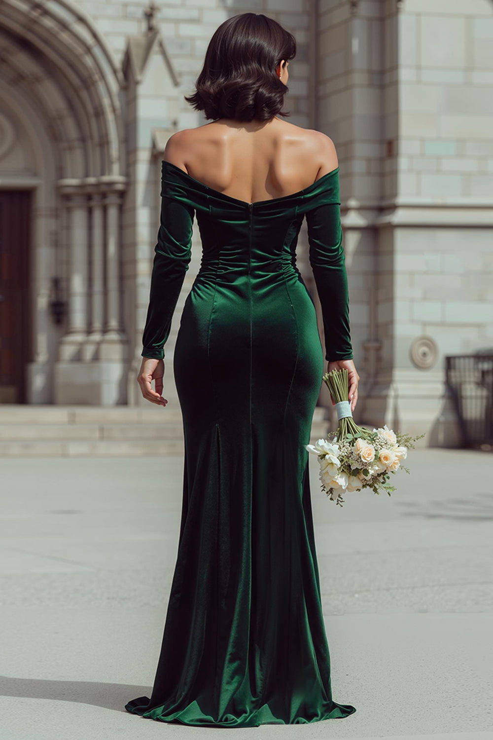Zapaka Women Pine Velvet Long Bridesmaid Dress with Sleeves Ruched Off The Shoulder Sheath Wedding Guest Dress with Slit, Pine / US16