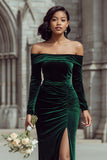 Pine Green Off the Shoulder Velvet Mermaid Long Bridesmaid Dress with Slit