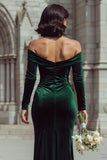 Pine Green Off the Shoulder Velvet Mermaid Long Bridesmaid Dress with Slit