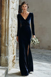 Navy V-Neck Velvet Long Sleeves Mermaid Long Bridesmaid Dress with Slit