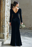 Navy V-Neck Velvet Long Sleeves Mermaid Long Bridesmaid Dress with Slit
