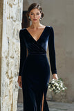 Navy V-Neck Velvet Long Sleeves Mermaid Long Bridesmaid Dress with Slit