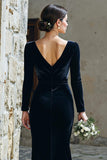 Navy V-Neck Velvet Long Sleeves Mermaid Long Bridesmaid Dress with Slit