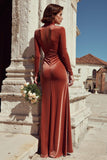 Terracotta High Neck Velvet Long Sleeves Mermaid Long Bridesmaid Dress