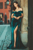 Peacock Green Off the Shoulder Velvet Mermaid Long Bridesmaid Dress with Slit