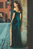 Peacock Green Off the Shoulder Velvet Mermaid Long Bridesmaid Dress with Slit