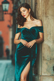 Peacock Green Off the Shoulder Velvet Mermaid Long Bridesmaid Dress with Slit