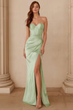 Dusty Sage Sweetheart Satin Mermaid Long Bridesmaid Dress with Slit
