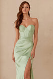 Dusty Sage Sweetheart Satin Mermaid Long Bridesmaid Dress with Slit