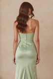 Dusty Sage Sweetheart Satin Mermaid Long Bridesmaid Dress with Slit