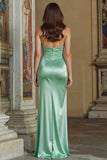 Mint Green Satin Ruched Sweetheart Mermaid Long Bridesmaid Dress with Slit