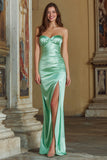 Mint Green Satin Ruched Sweetheart Mermaid Long Bridesmaid Dress with Slit