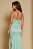 Mint Green Satin Sweetheart Corset Mermaid Long Bridesmaid Dress with Slit