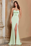 Dusty Sage Halter Satin Mermaid Long Bridesmaid Dress with Slit