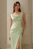 Dusty Sage Square Neck Satin Mermaid Long Bridesmaid Dress with Slit
