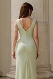 Dusty Sage Square Neck Satin Mermaid Long Bridesmaid Dress with Slit