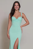 Mint Green Satin Spaghetti Straps Mermaid Long Bridesmaid Dress with Slit