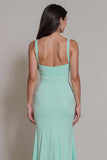 Mint Green Satin Spaghetti Straps Mermaid Long Bridesmaid Dress with Slit