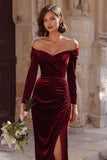 Burgundy Off the Shoulder Velvet Mermaid Long Bridesmaid Dress with Sleeves