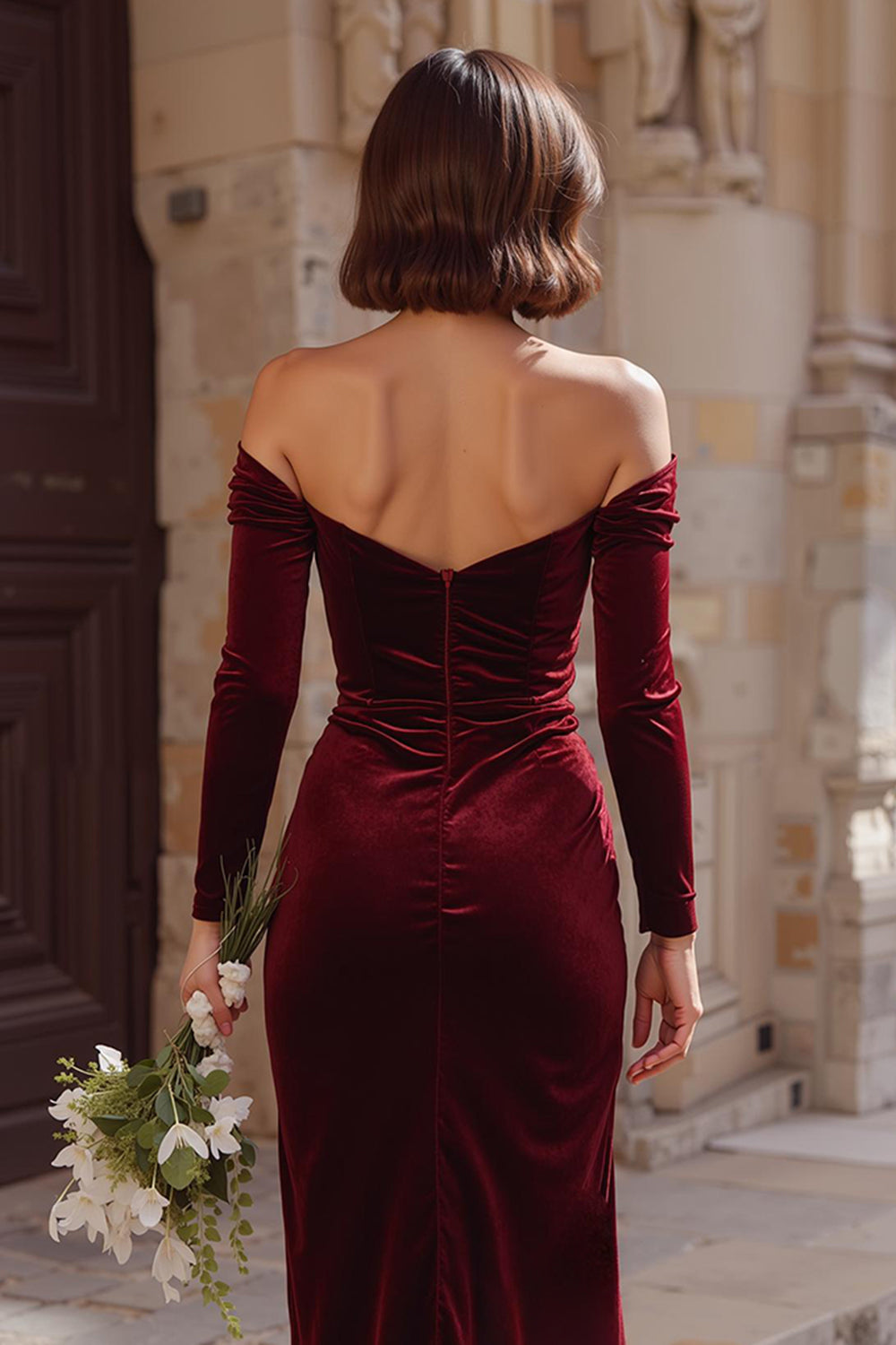 Burgundy Off the Shoulder Velvet Mermaid Long Bridesmaid Dress with Sleeves