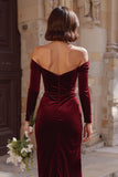 Burgundy Off the Shoulder Velvet Mermaid Long Bridesmaid Dress with Sleeves