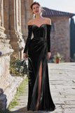 Navy Off the Shoulder Velvet Long Sleeves Mermaid Long Bridesmaid Dress with Slit