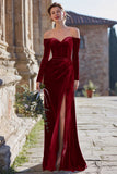 Navy Off the Shoulder Velvet Long Sleeves Mermaid Long Bridesmaid Dress with Slit
