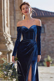 Navy Off the Shoulder Velvet Long Sleeves Mermaid Long Bridesmaid Dress with Slit
