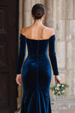 Navy Off the Shoulder Velvet Long Sleeves Mermaid Long Bridesmaid Dress with Slit
