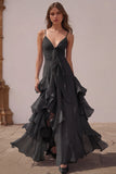 Dusty Blue Chiffon Spaghetti Straps A-Line Long Bridesmaid Dress with Ruffles