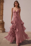 Dusty Blue Chiffon Spaghetti Straps A-Line Long Bridesmaid Dress with Ruffles