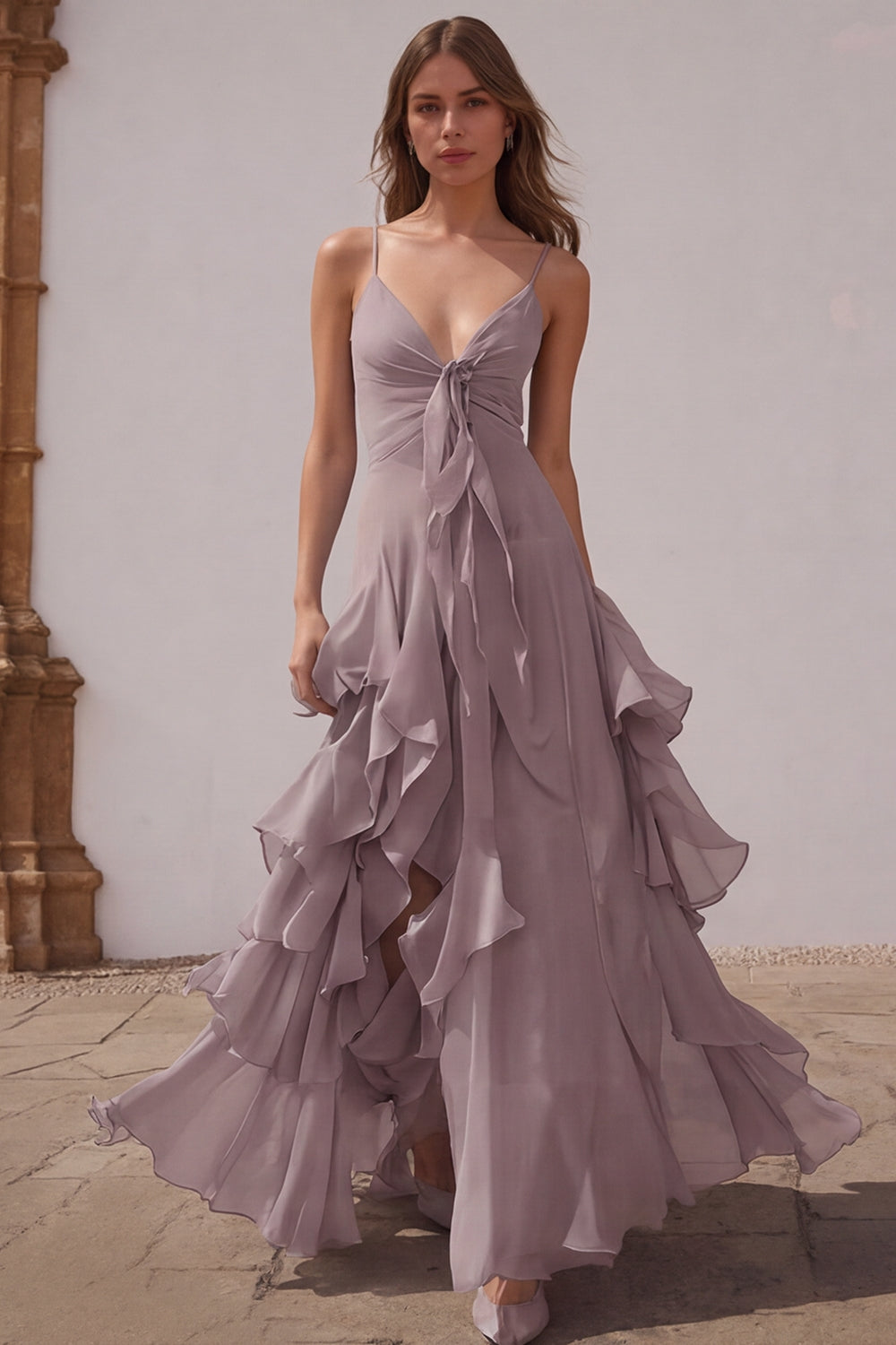 Zapakasa Women Dusty Blue Chiffon A-Line Long Bridesmaid Dress with Ruffles Spaghetti Straps Tiered Wedding Guest Dress Zapakasa Women Dusty Blue Chiffon A-Line Long Bridesmaid Dress with Ruffles Spaghetti Straps Tiered Wedding Guest Dress