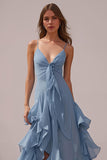Dusty Blue Spaghetti Straps Chiffon A-Line Long Bridesmaid Dress with Ruffles