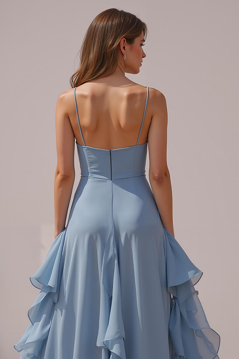 Dusty Blue Spaghetti Straps Chiffon A-Line Long Bridesmaid Dress with Ruffles